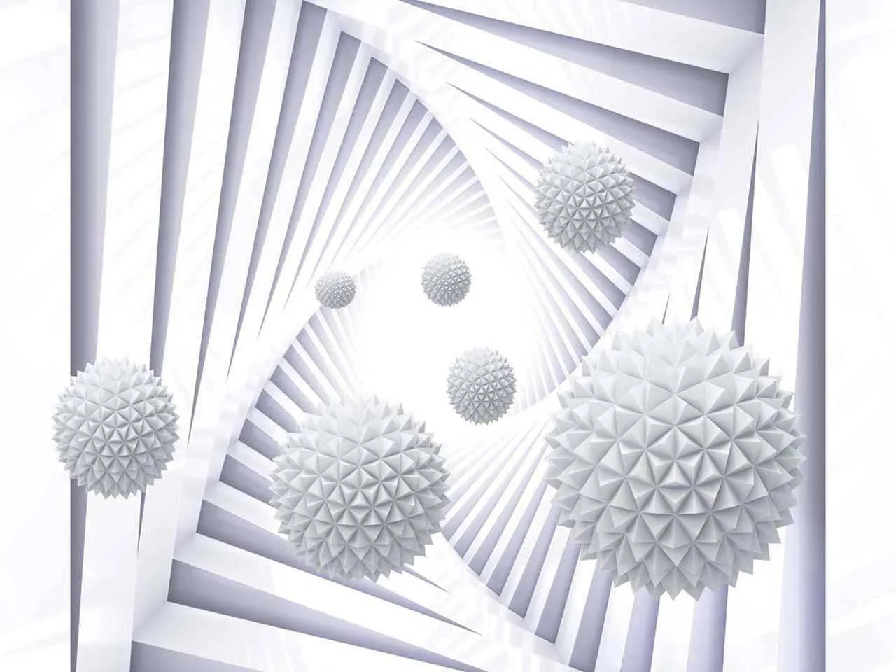 Фотообои в интерьере 3д шары среди бело-серых полос  10-517 фото