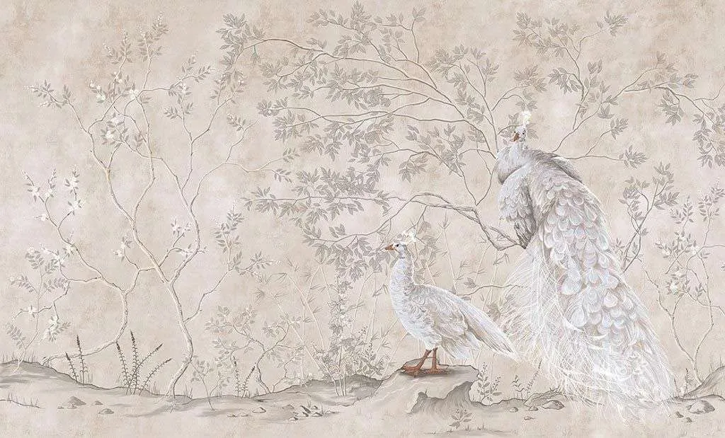 Фотообои в интерьере благородные белые павлины бежевый фон  9-1821 фото