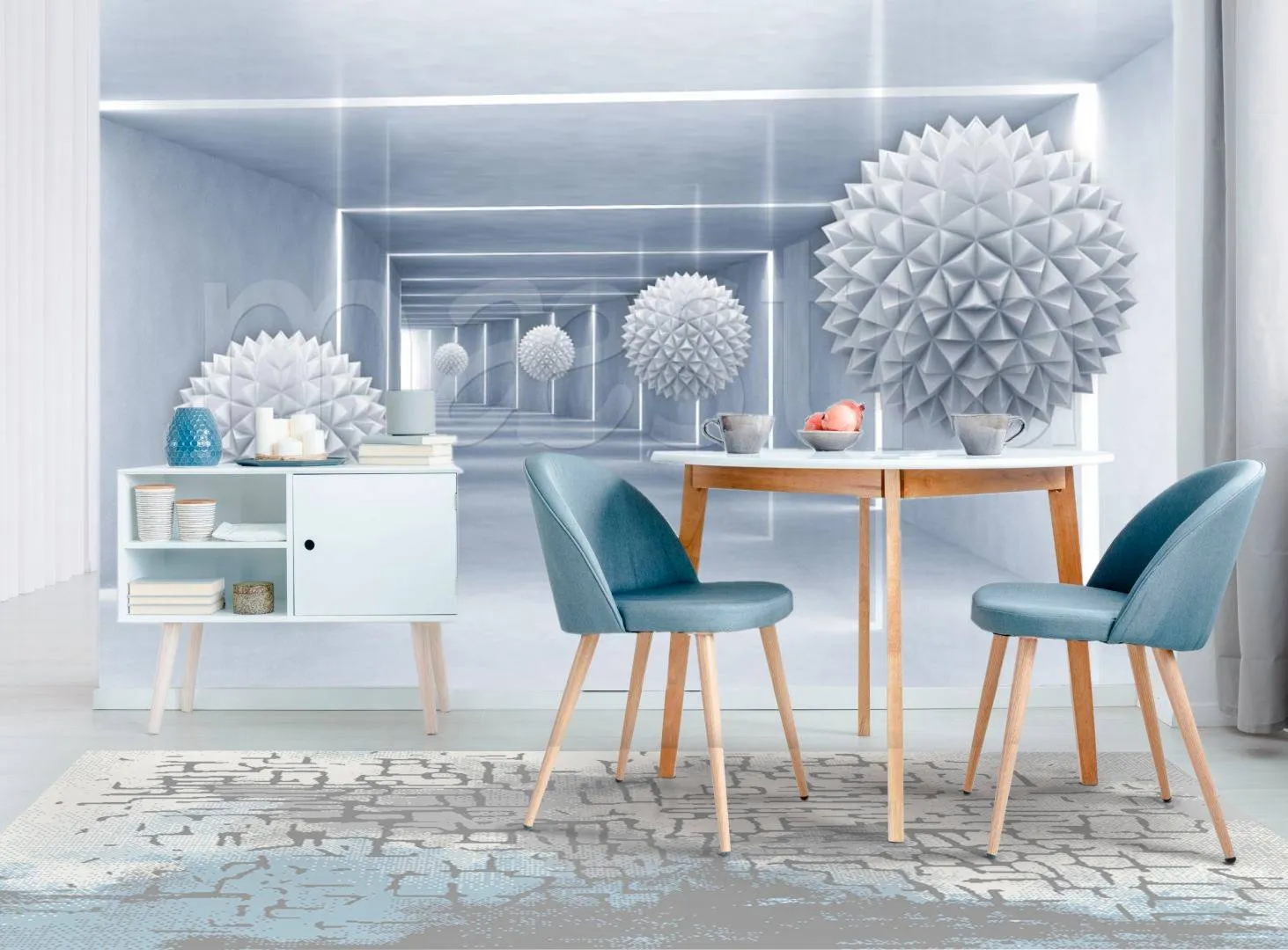 Фотообои в интерьере 3д шары летящие в синюю воронку  10-527 фото