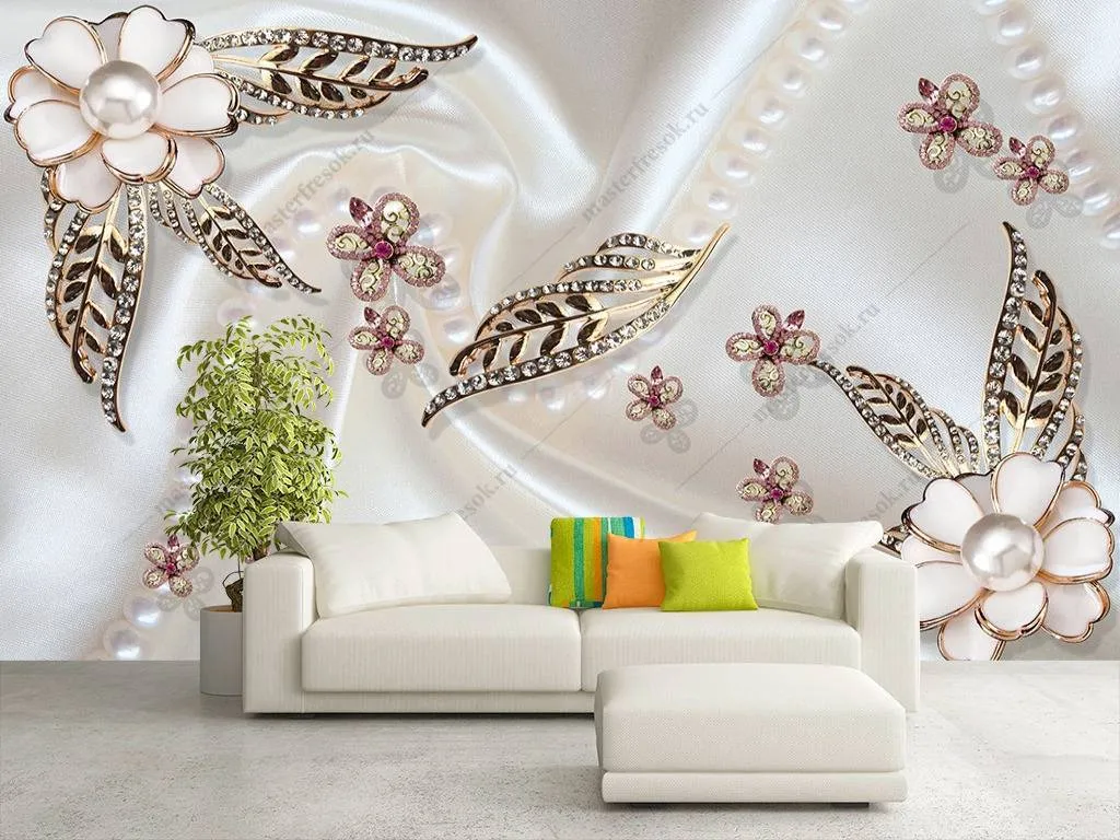 Фотообои в интерьере 3д цветы с жемчугом  10-700 фото
