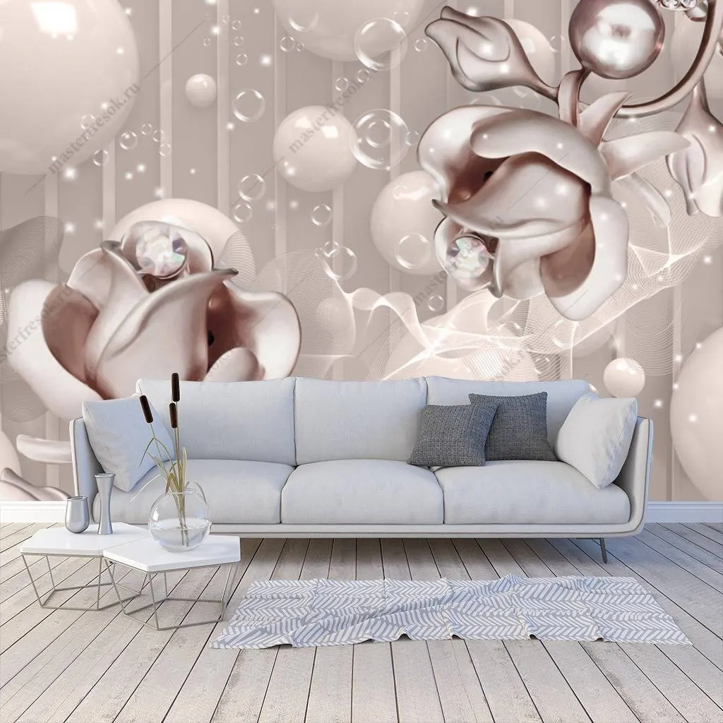 Фотообои в интерьере 3д платиновые цветы  10-652 фото