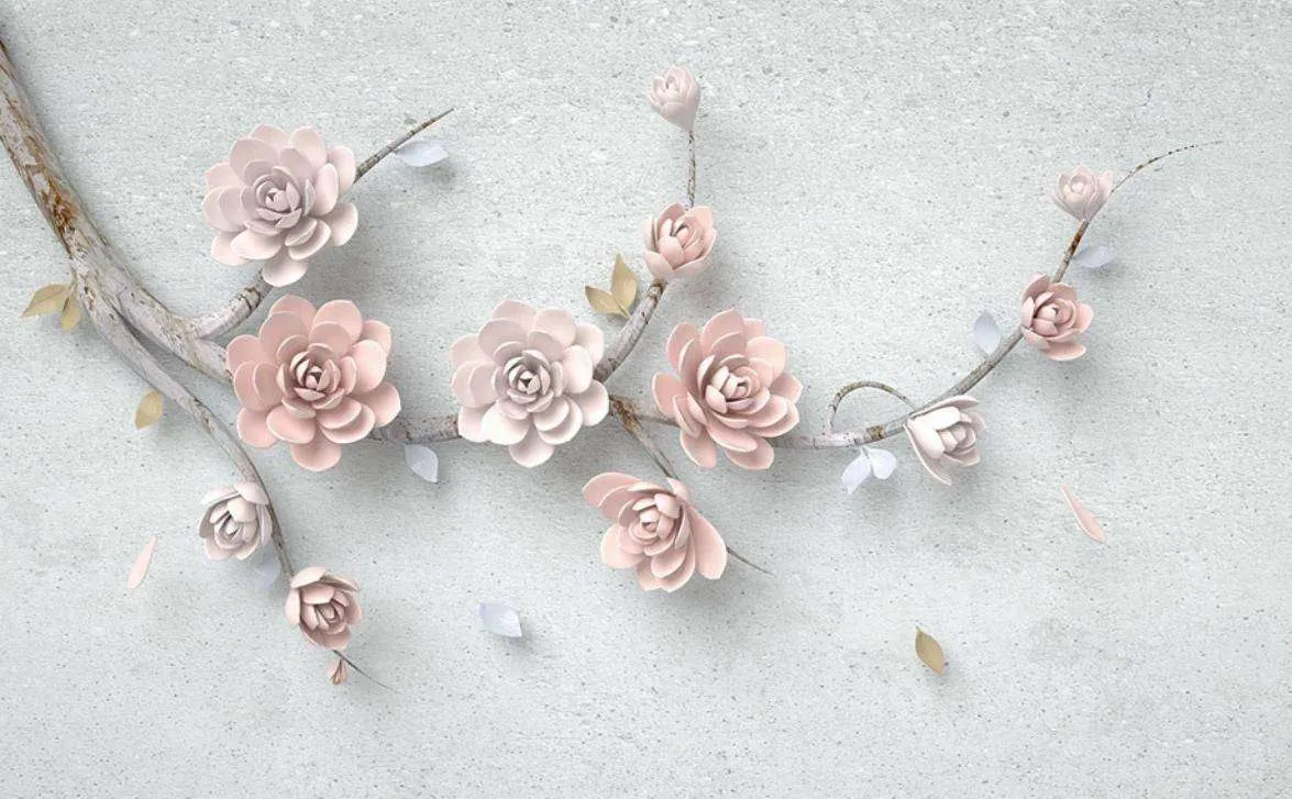 Фотообои в интерьере 3д ветка с розовыми цветами  15-370 фото