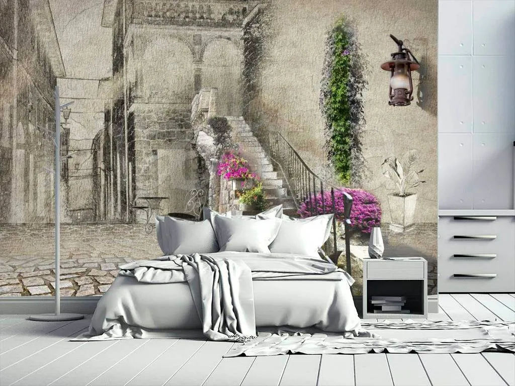 Фотообои в интерьере дворик старинный в серых тонах 3д  7-293 фото