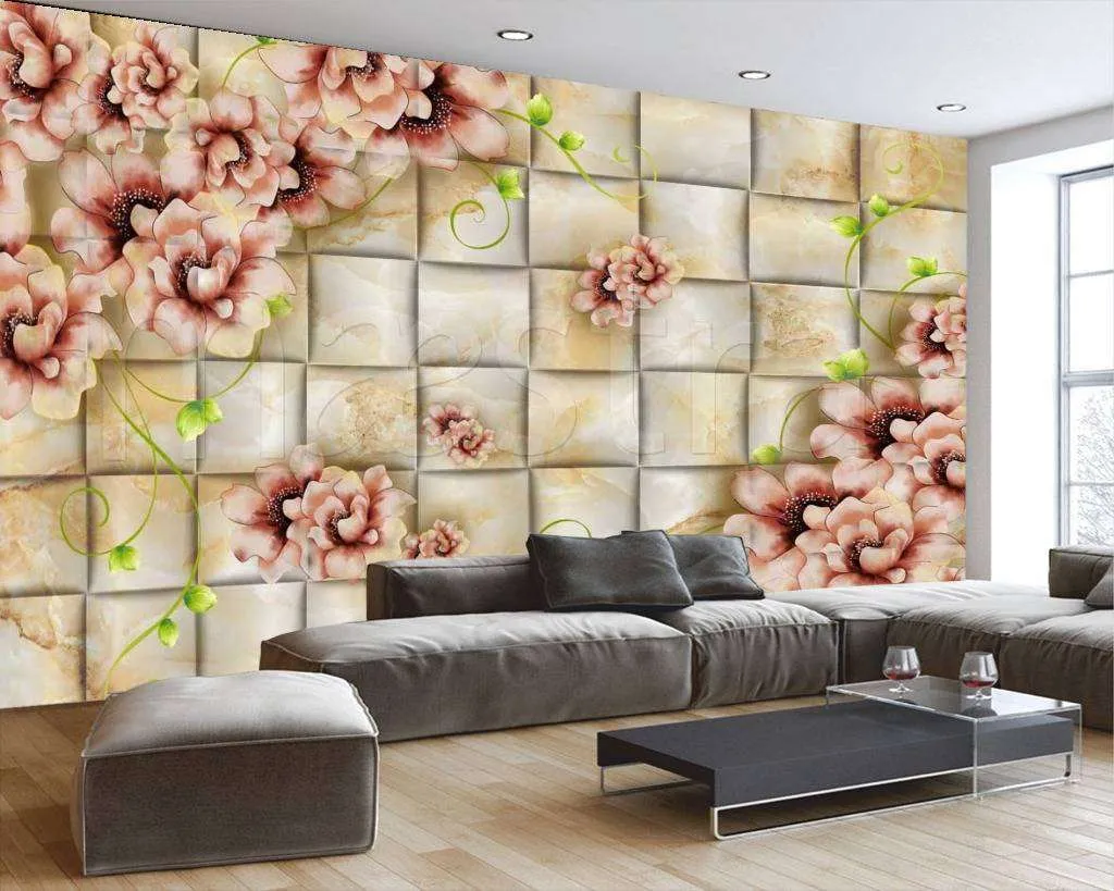 Фотообои в интерьере цветы на объемных квадратах  10-396 фото