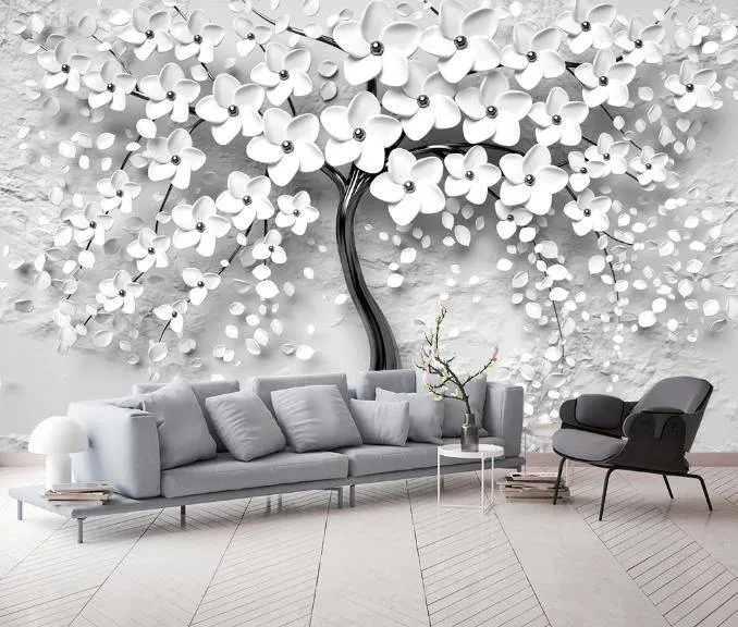 Фотообои 3д дерево с белыми цветами  10-744