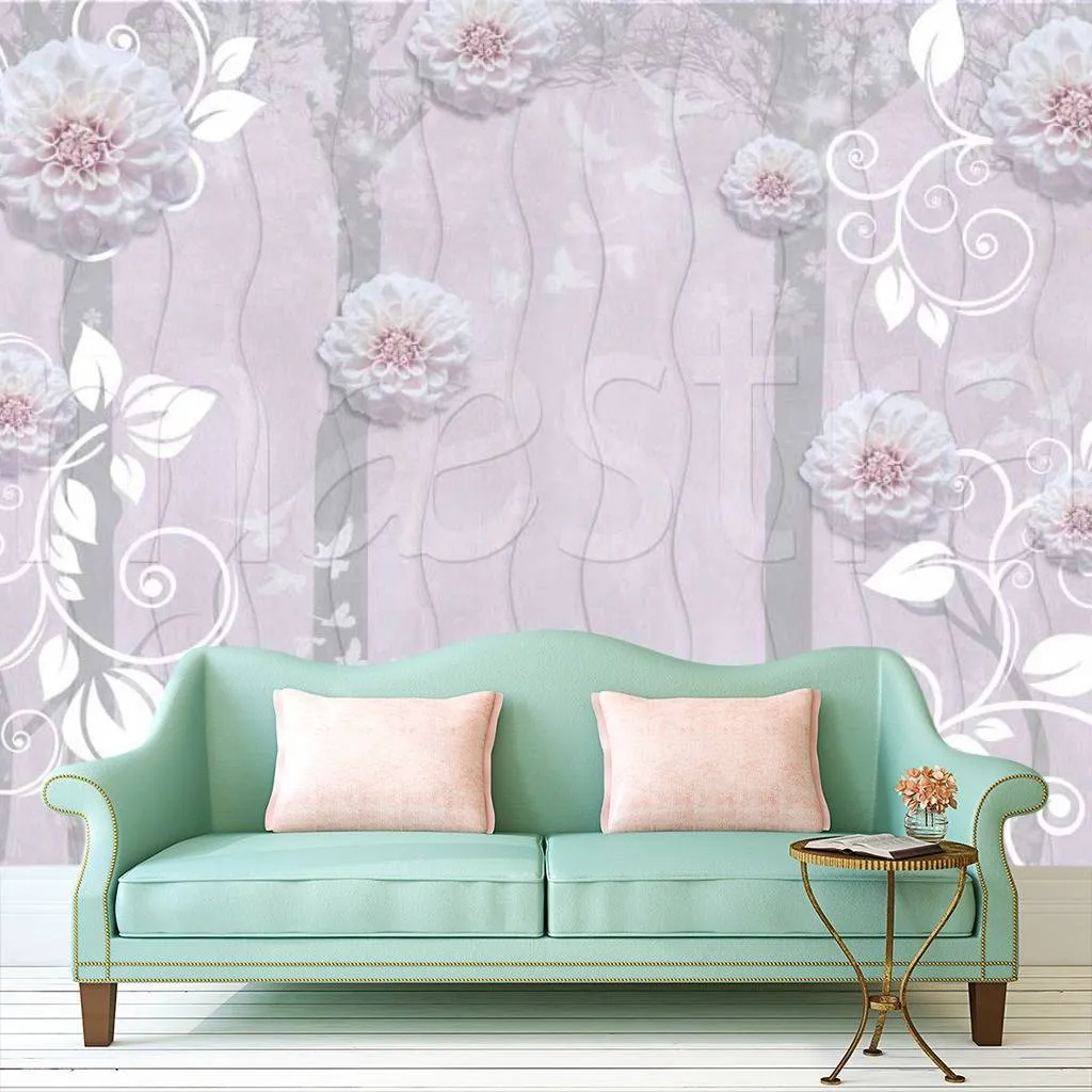 Фотообои в интерьере стереоскопические нежно розовые цветы на фоне 3д  7-469 фото