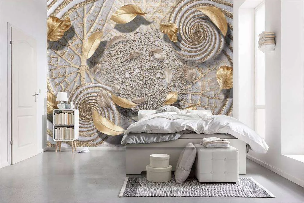 Фотообои в интерьере стереоскопические золотые лепестки  7-513 фото