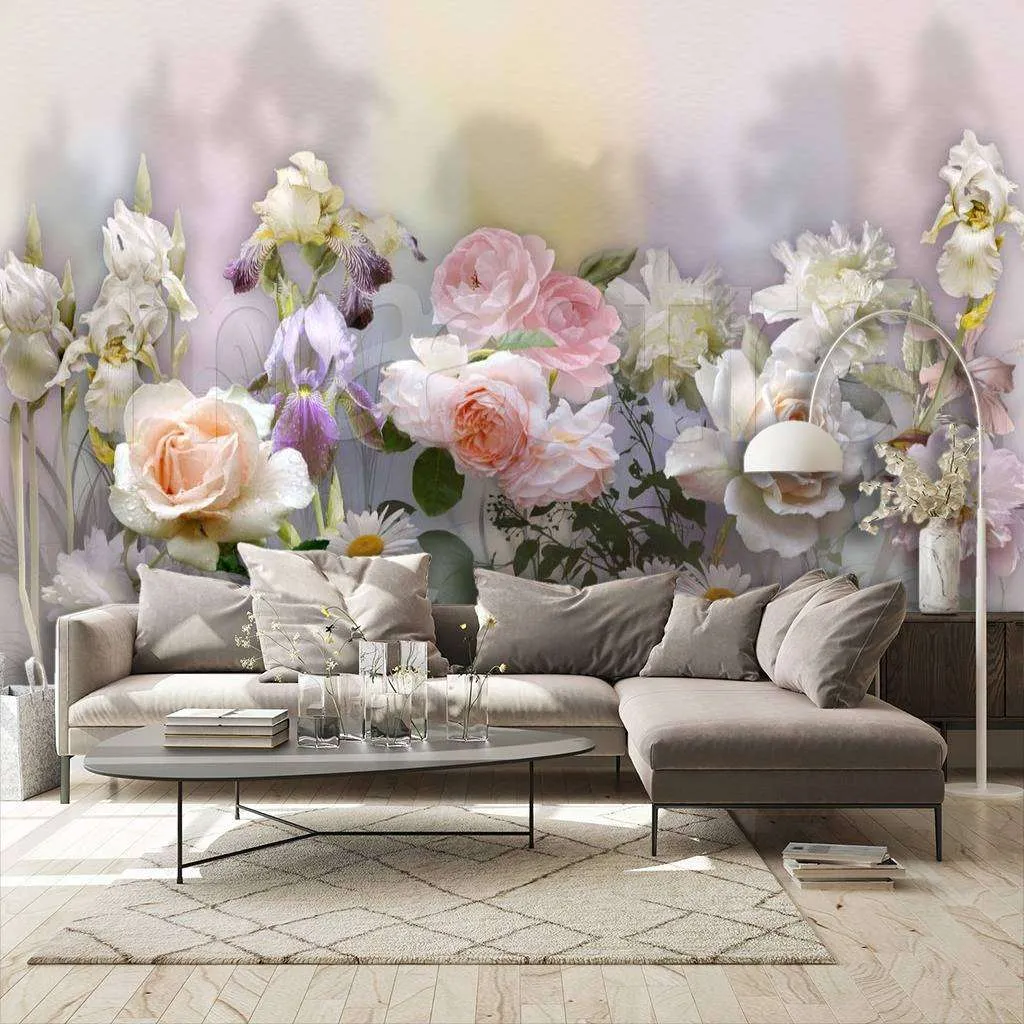 Фотообои в интерьере розы на серой стене  7-685 фото
