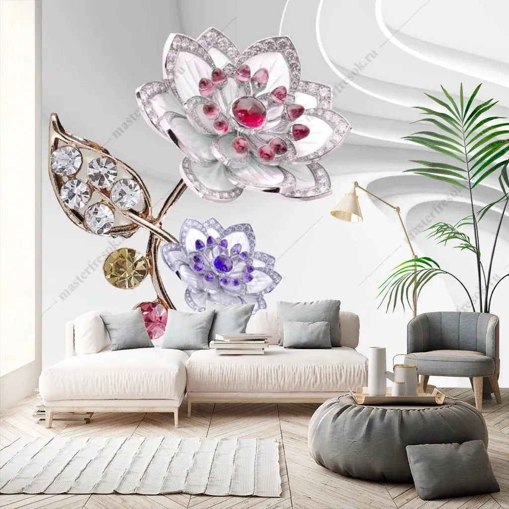Фотообои в интерьере 3д драгоценный цветок  10-919 фото