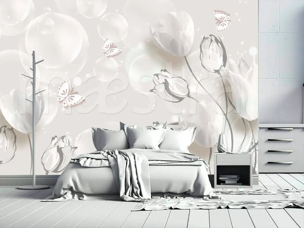 Фотообои 3д белые тюльпаны с графической обработкой  10-503