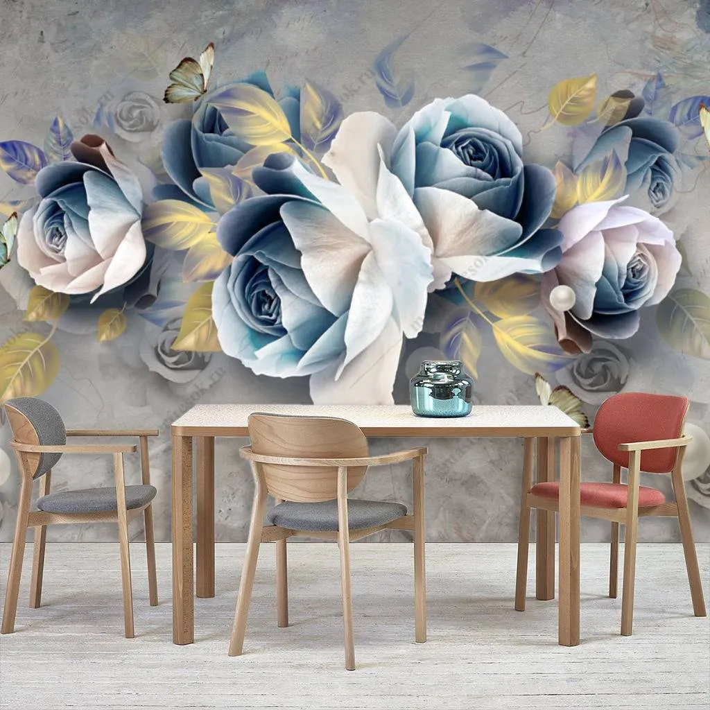 Фотообои в интерьере 3d синие цветы  10-675 фото