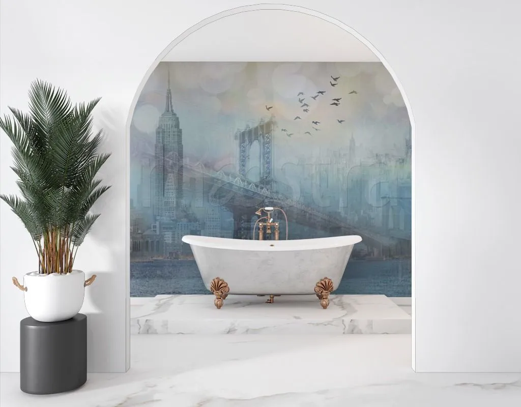 Фотообои в интерьере город и мосты в тумане  7-401 фото