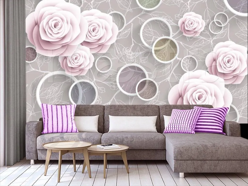 Фотообои 3д цветы с кругами на сером фоне  10-533
