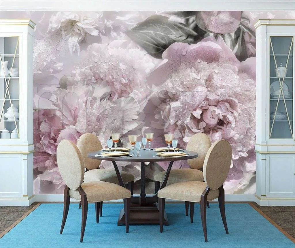 Фотообои в интерьере букет не ярких пионов  7-929 фото