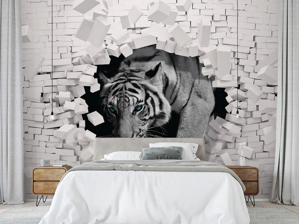 Фотообои в интерьере тигр черно-белый 3d  10-991 фото