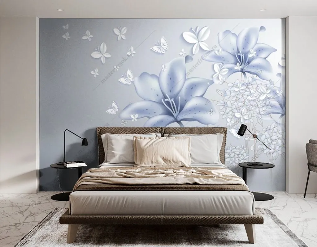 Фотообои в интерьере нежно-голубые лилии  14-429 фото