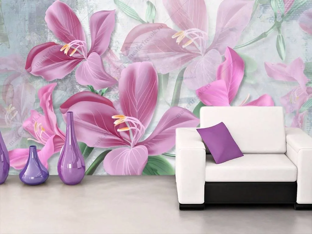 Фотообои в интерьере 3д ярко розовые лилии  10-859 фото
