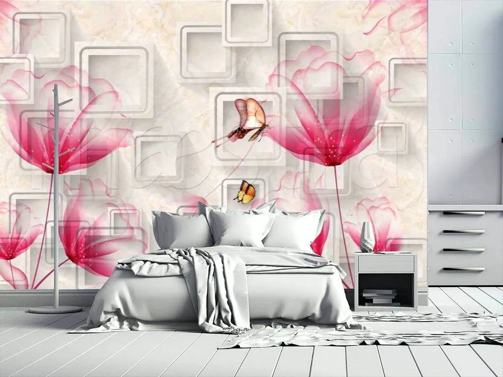 Фотообои в интерьере 3д объемные цветы на сером фоне  10-421 фото