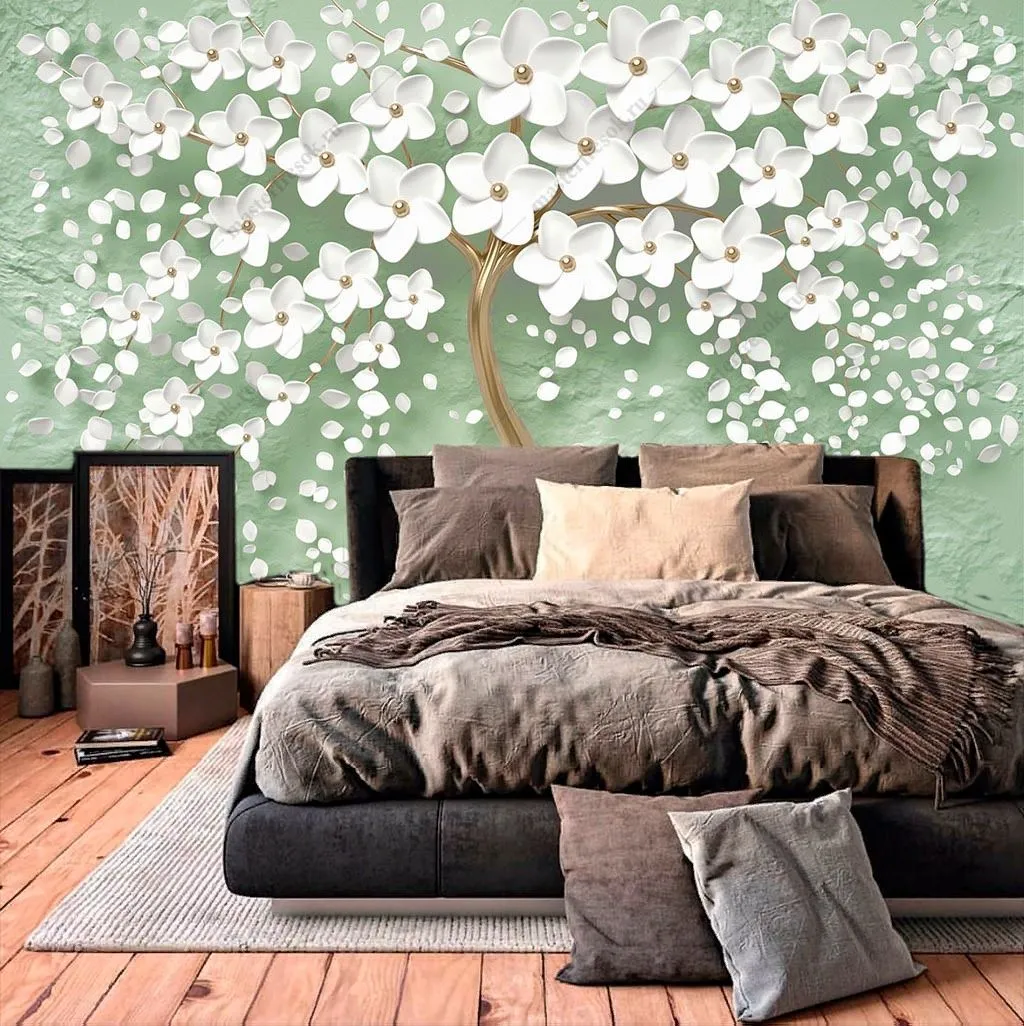 Фотообои в интерьере 3д дерево на зеленом фоне  10-891 фото