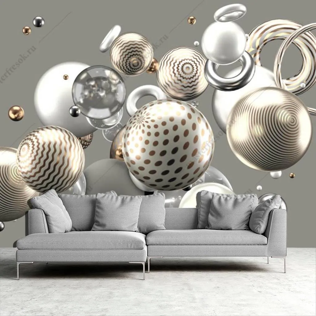 Фотообои в интерьере 3д серебряные шары  10-827 фото