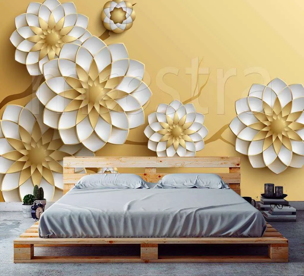 Фотообои Бесшовные обои на стену:  3д цветы на желтом фоне. Артикул: 10-472  